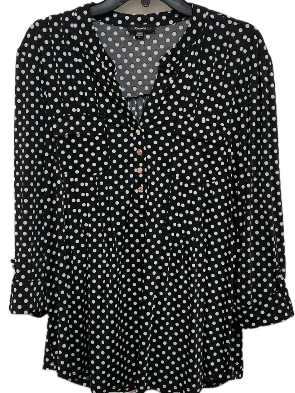 Cocomo Women's XL Black Polka Dot Blouse 3/4 Sleeve Pintuck Front